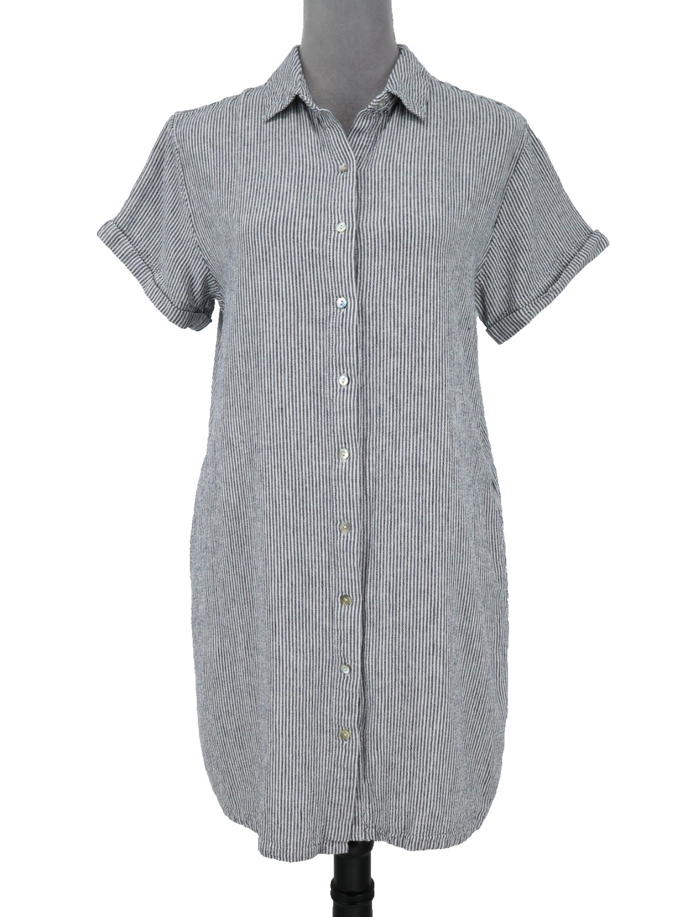 Tahari Shirt Dress Womens Medium Blue White Stripe Linen Blend Beach Nautical